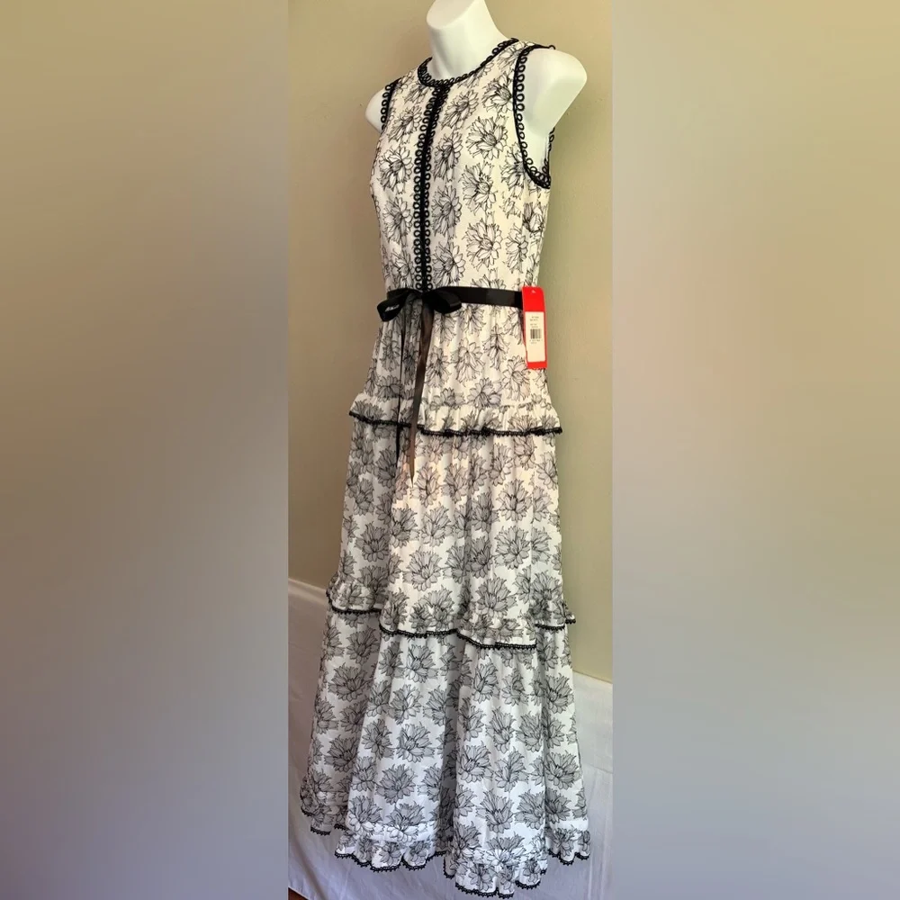 Monique Lhuillier A-Line Cocktail Dress, White/Black, Floral Women's 8 - Picture 14 of 16